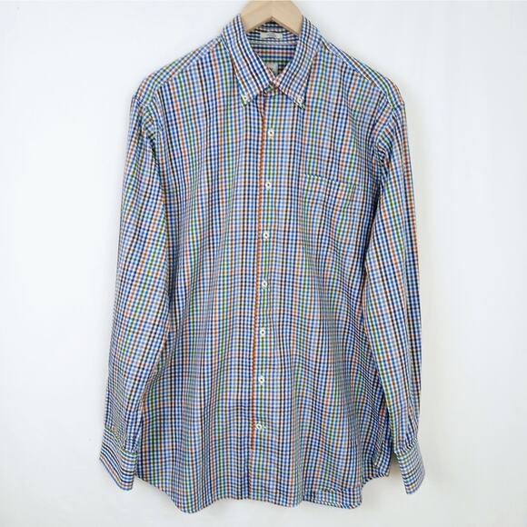 Peter Millar SZ L 100% Cotton Blue Orange Green White Check Button Down Shirt - Picture 6 of 7